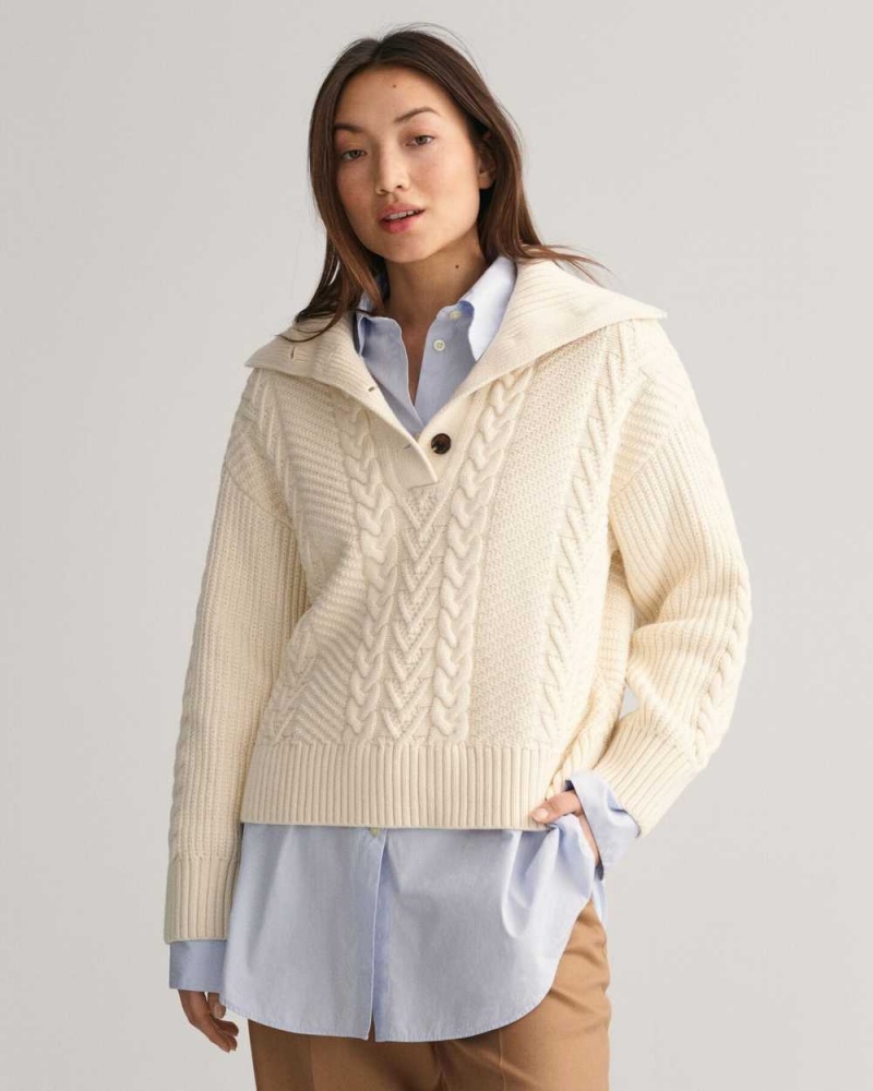 Gant Cable Knit Buttoned Turtleneck Women\'s Sweater Cream | RVHUM-3918