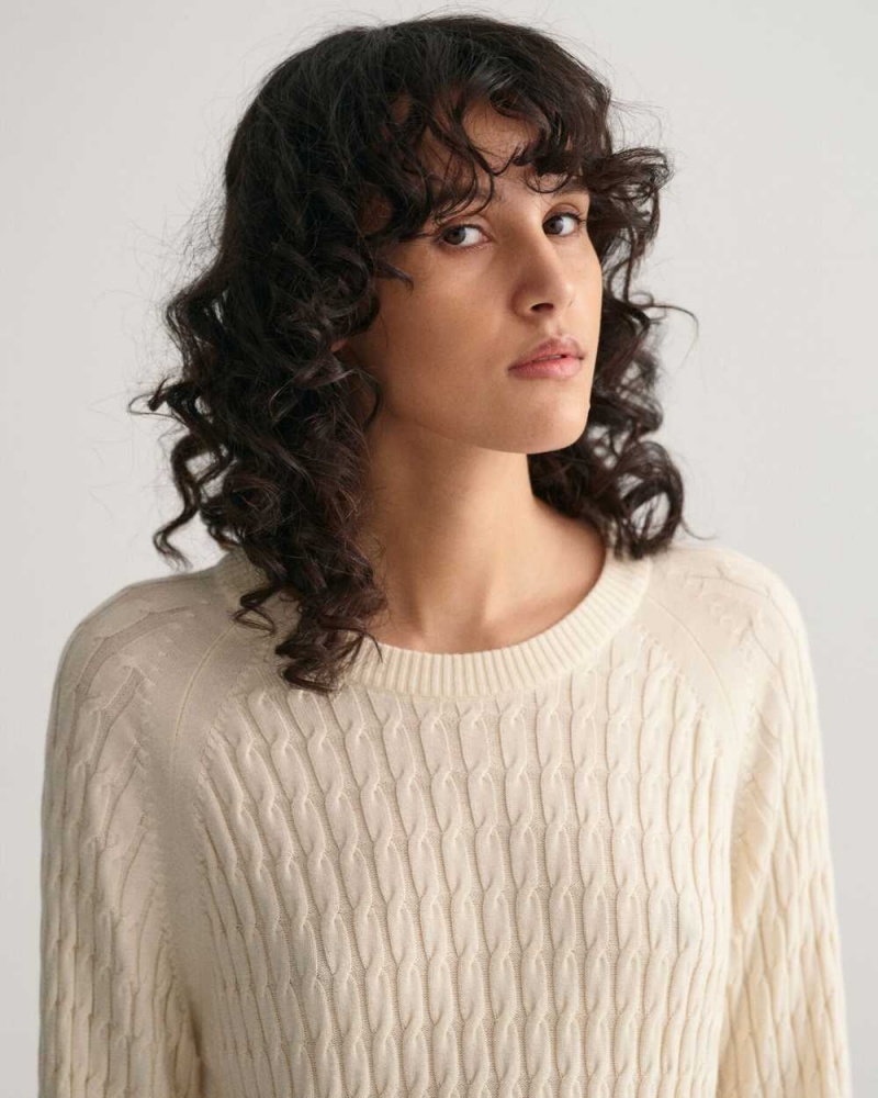 Gant Cable Knit Crew Neck Women's Dress Cream | AVFHR-2714