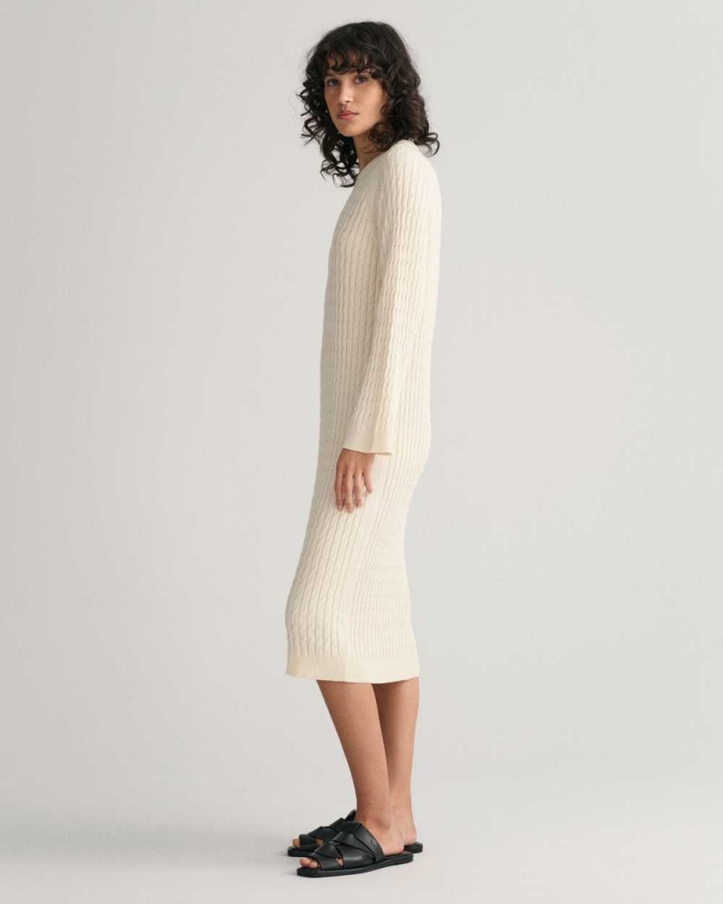 Gant Cable Knit Crew Neck Women's Dress Cream | AVFHR-2714