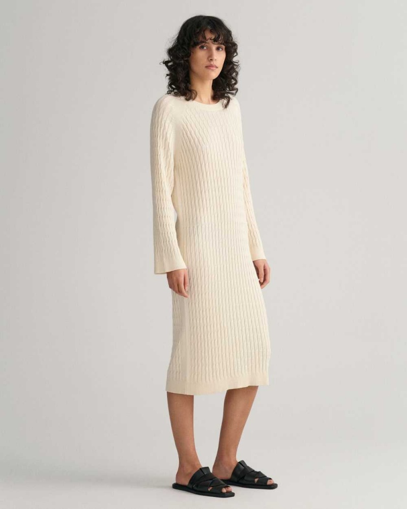 Gant Cable Knit Crew Neck Women's Dress Cream | AVFHR-2714