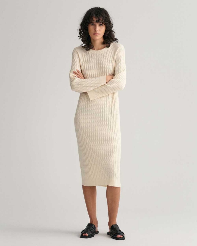 Gant Cable Knit Crew Neck Women's Dress Cream | AVFHR-2714