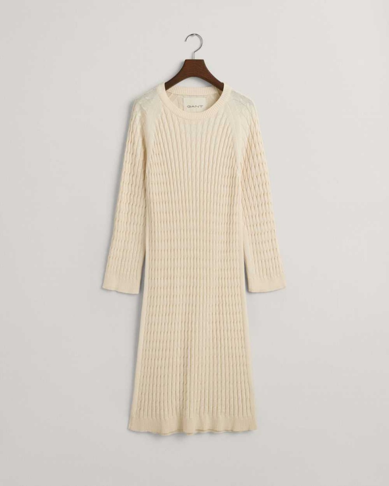 Gant Cable Knit Crew Neck Women's Dress Cream | AVFHR-2714