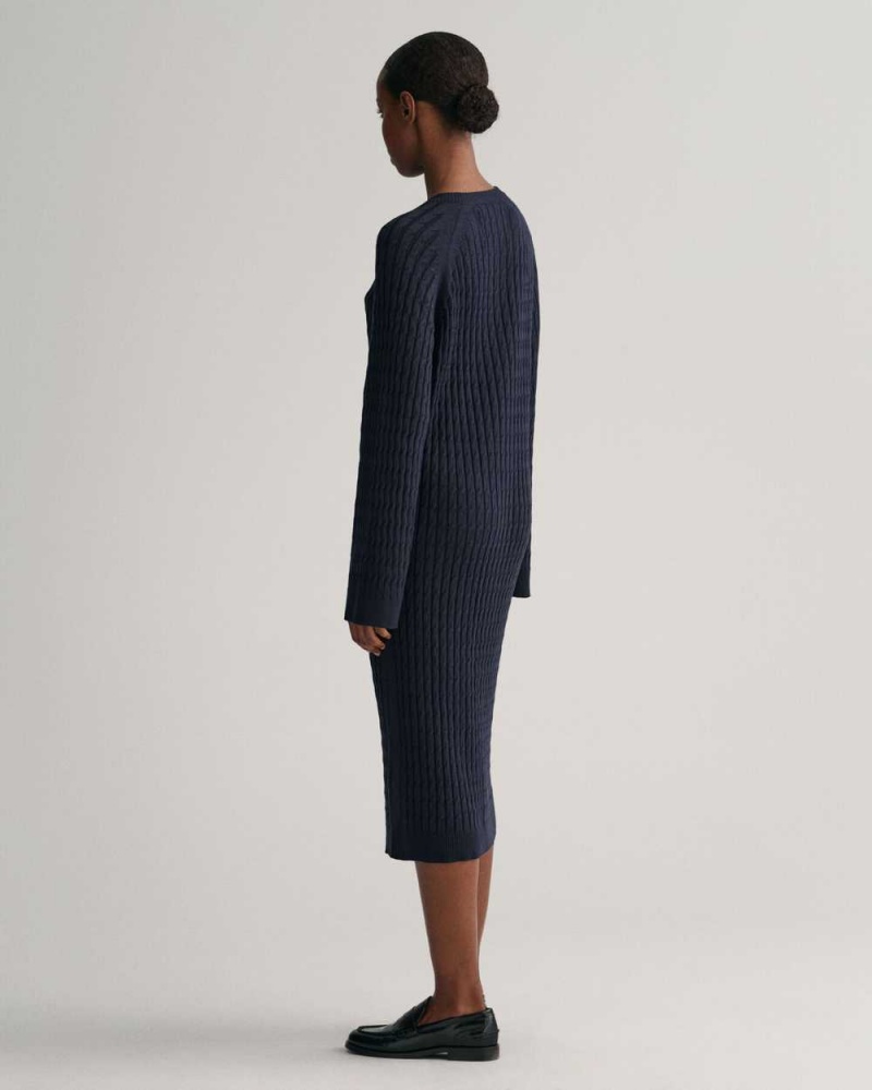 Gant Cable Knit Crew Neck Women's Dress Evening Blue | KZFND-3907