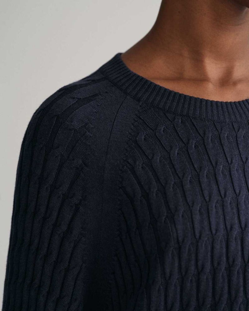 Gant Cable Knit Crew Neck Women's Dress Evening Blue | KZFND-3907