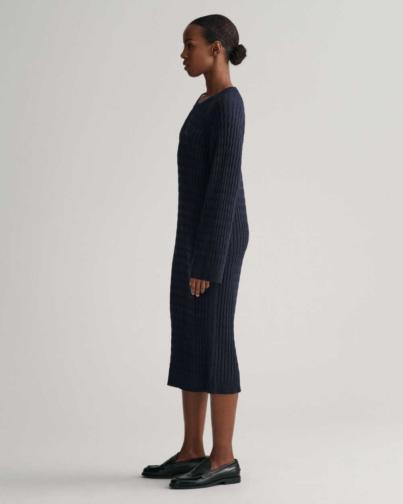 Gant Cable Knit Crew Neck Women's Dress Evening Blue | KZFND-3907