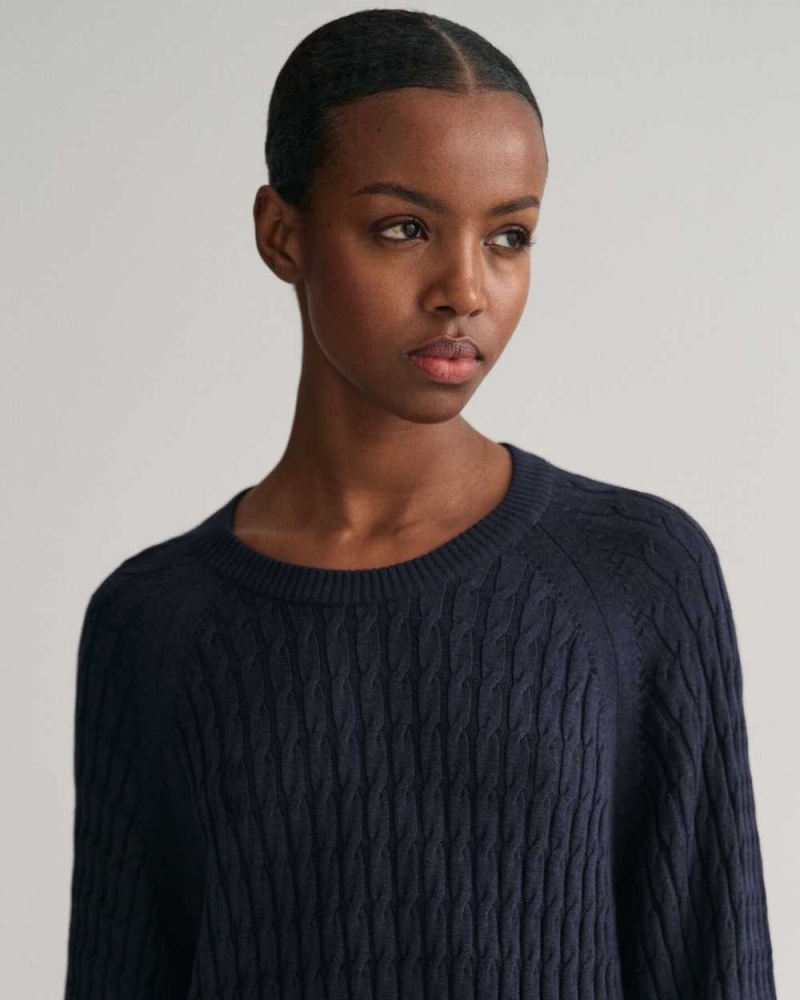 Gant Cable Knit Crew Neck Women's Dress Evening Blue | KZFND-3907