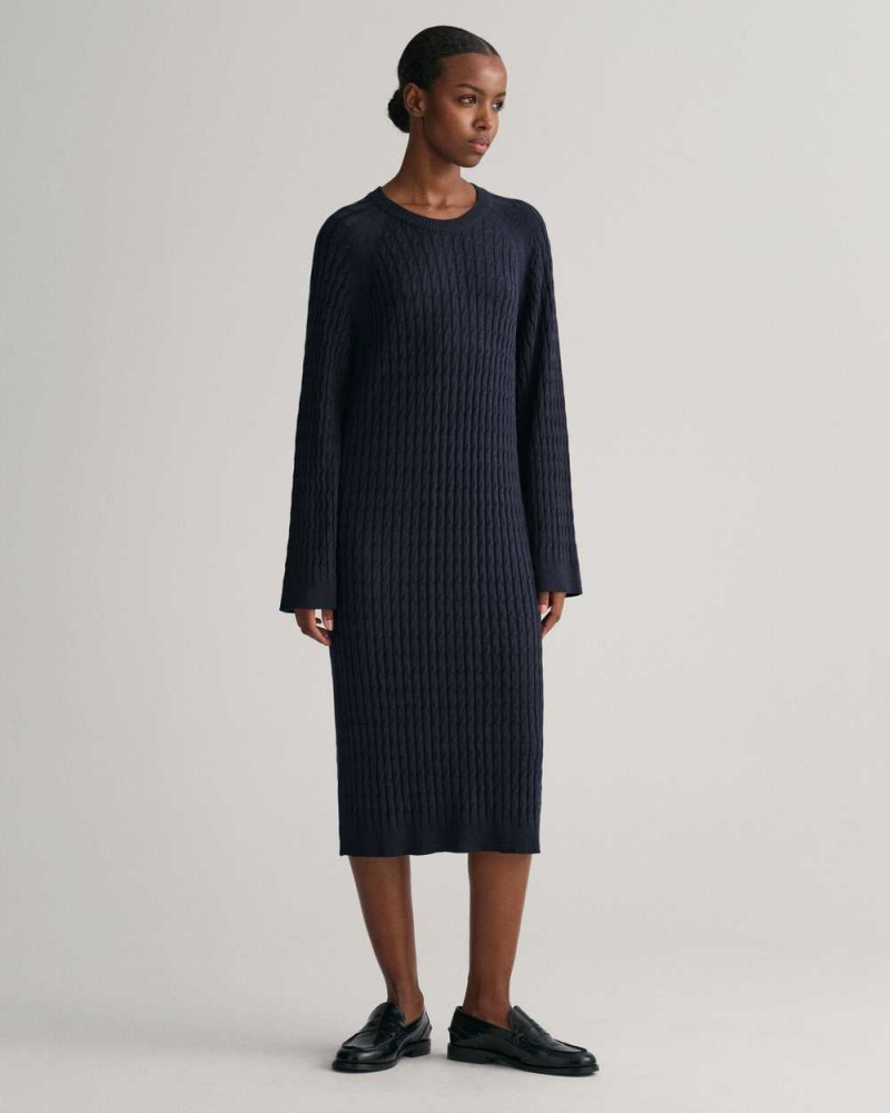 Gant Cable Knit Crew Neck Women's Dress Evening Blue | KZFND-3907