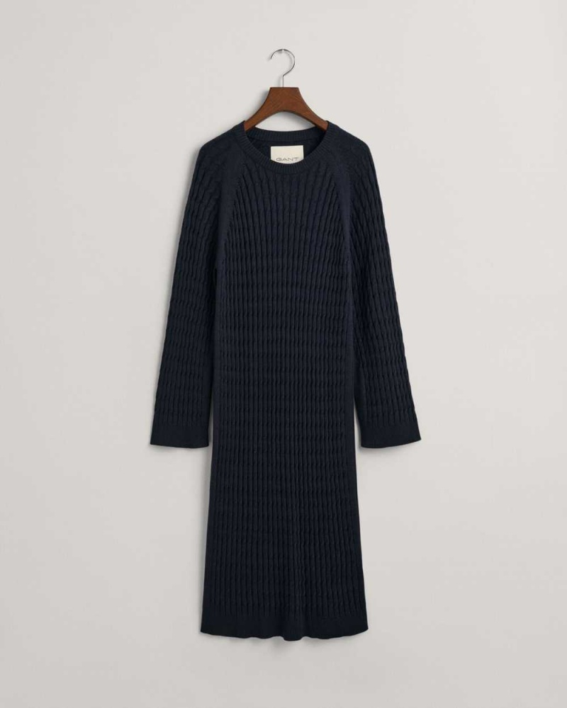 Gant Cable Knit Crew Neck Women's Dress Evening Blue | KZFND-3907