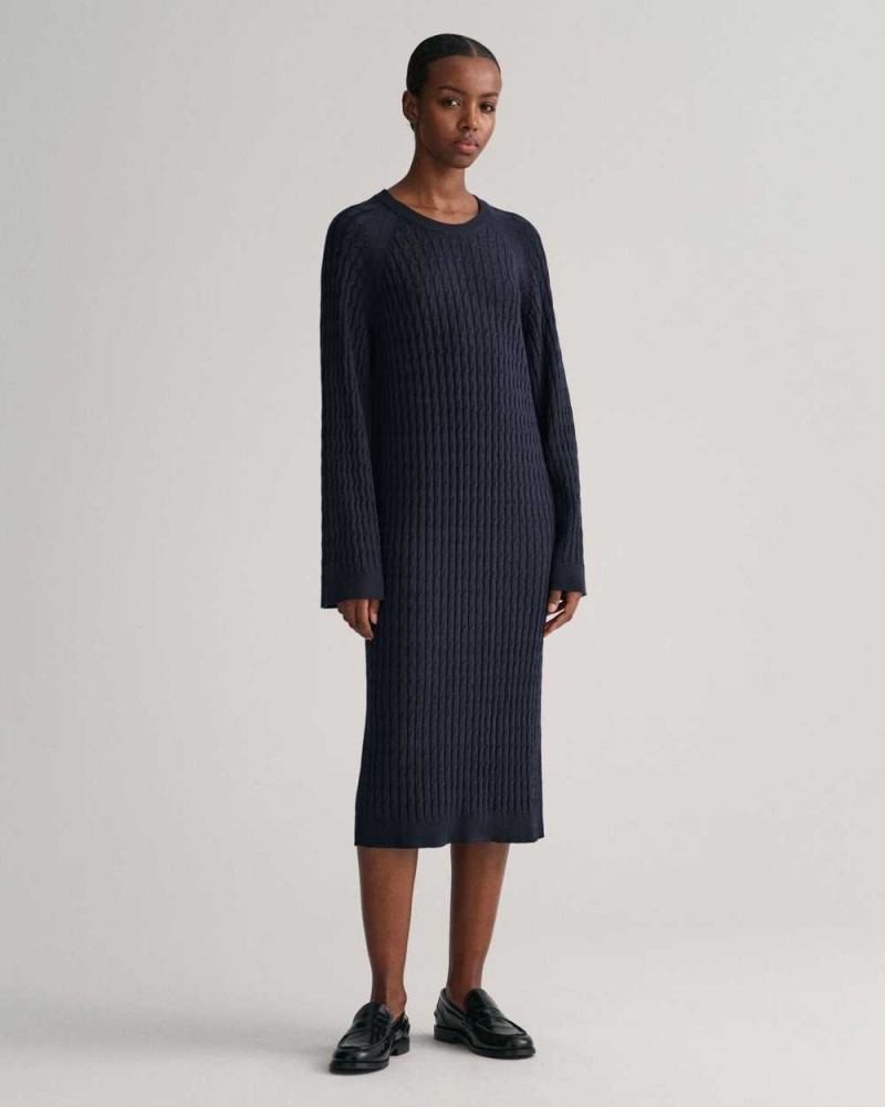 Gant Cable Knit Crew Neck Women\'s Dress Evening Blue | KZFND-3907