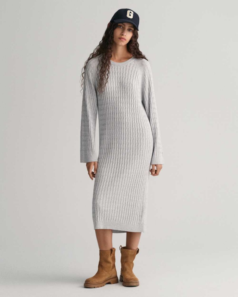 Gant Cable Knit Crew Neck Women's Dress Light Grey Melange | TBYWM-3702