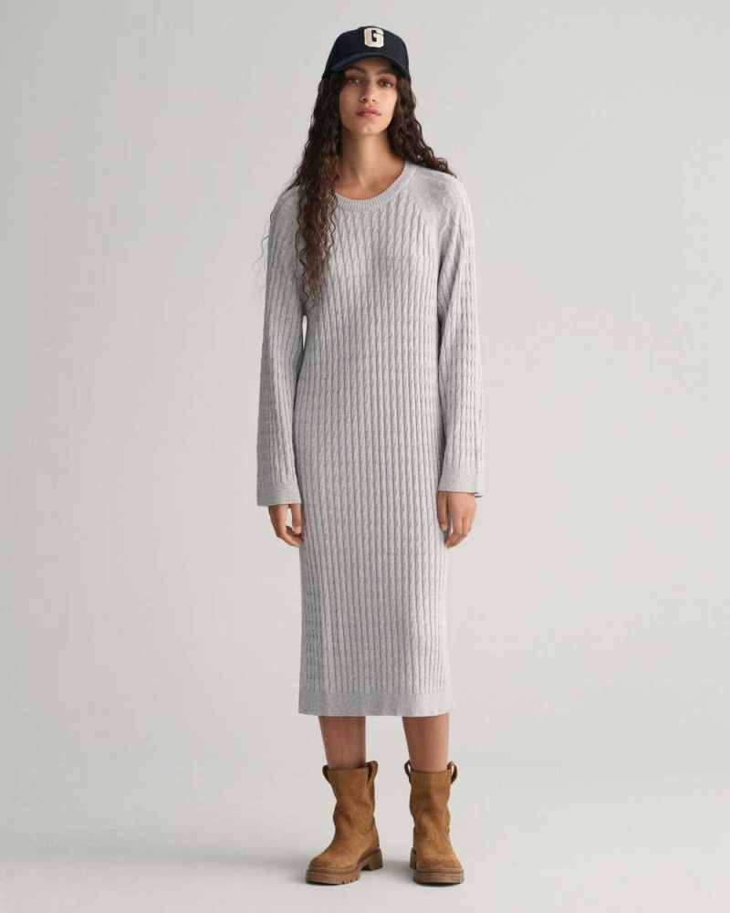 Gant Cable Knit Crew Neck Women\'s Dress Light Grey Melange | TBYWM-3702