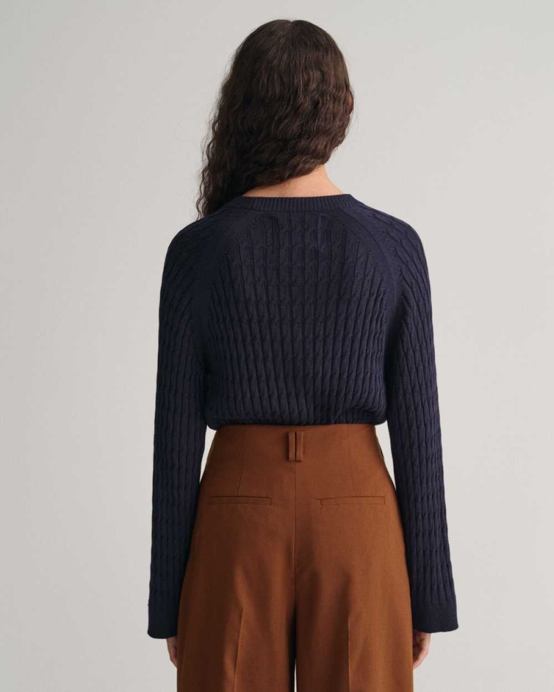 Gant Cable Knit Crew Neck Women's Sweater Evening Blue | ASCRY-1604