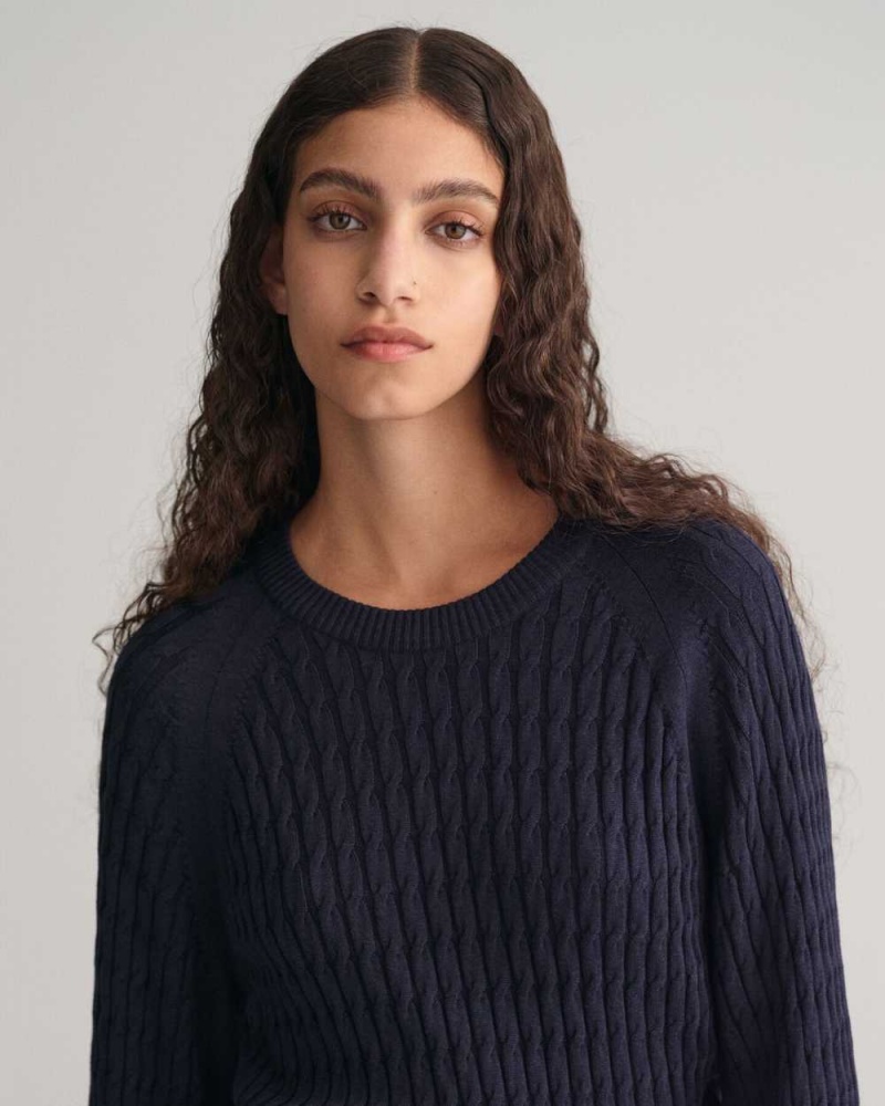 Gant Cable Knit Crew Neck Women's Sweater Evening Blue | ASCRY-1604