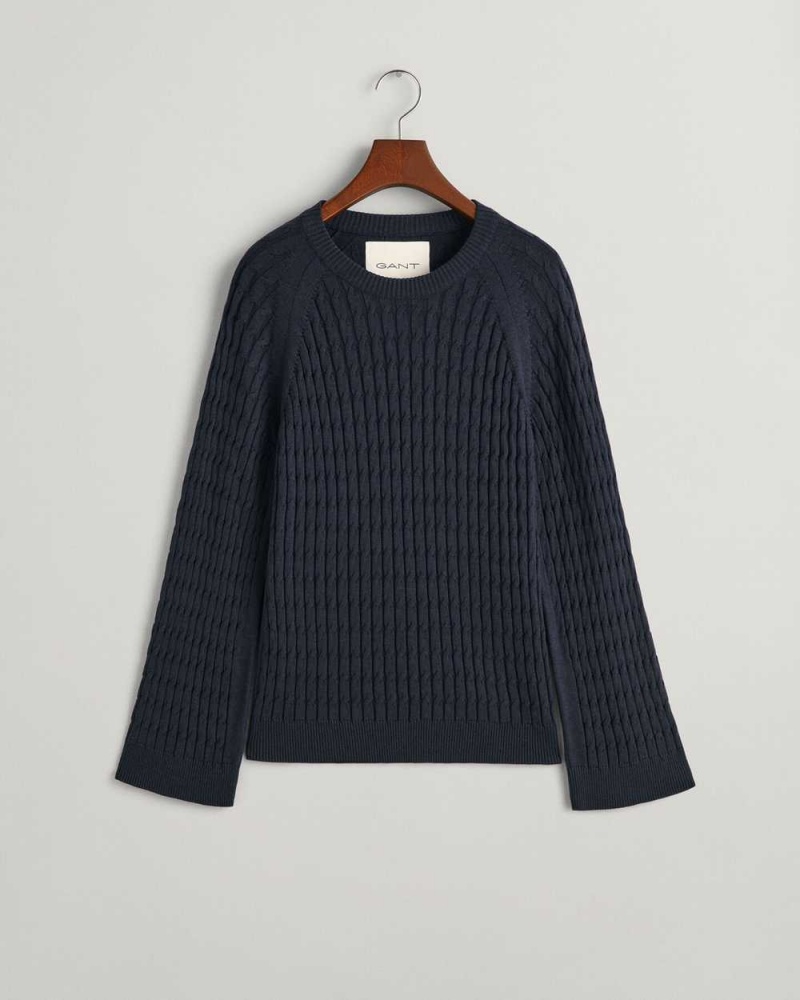 Gant Cable Knit Crew Neck Women's Sweater Evening Blue | ASCRY-1604