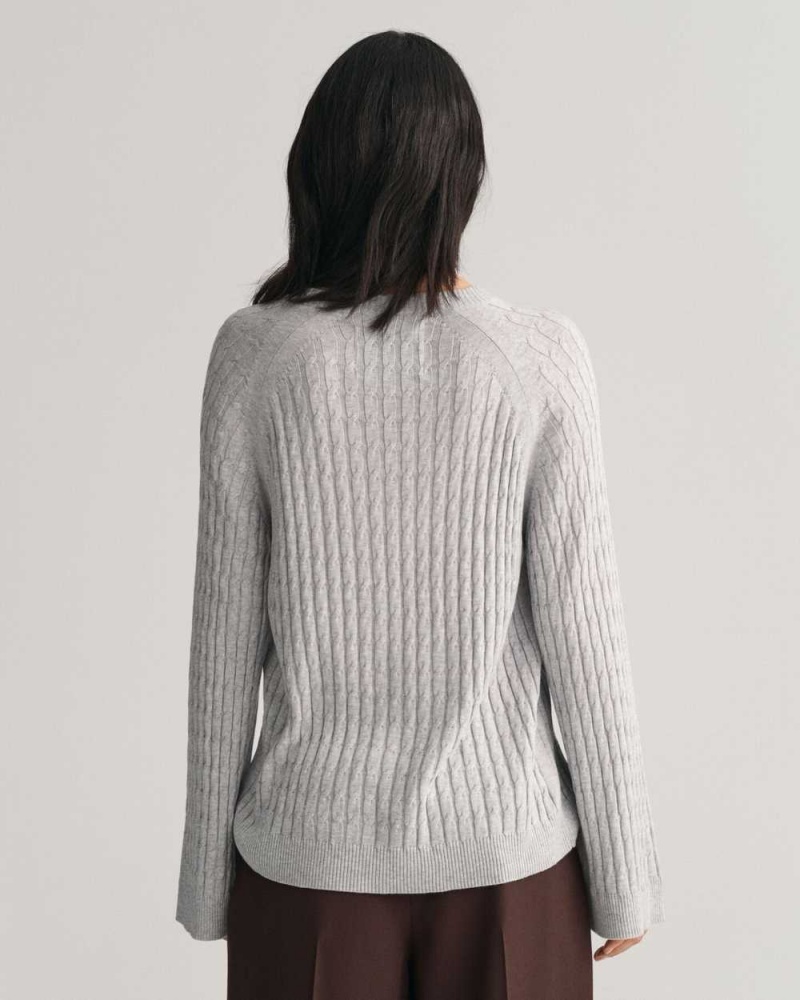 Gant Cable Knit Crew Neck Women's Sweater Light Grey Melange | PUEMJ-4673