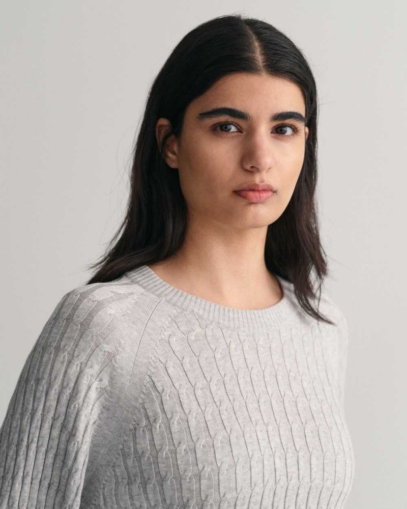 Gant Cable Knit Crew Neck Women's Sweater Light Grey Melange | PUEMJ-4673