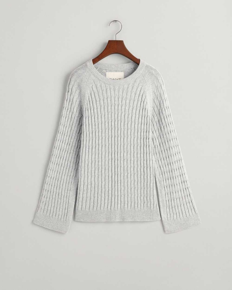 Gant Cable Knit Crew Neck Women's Sweater Light Grey Melange | PUEMJ-4673