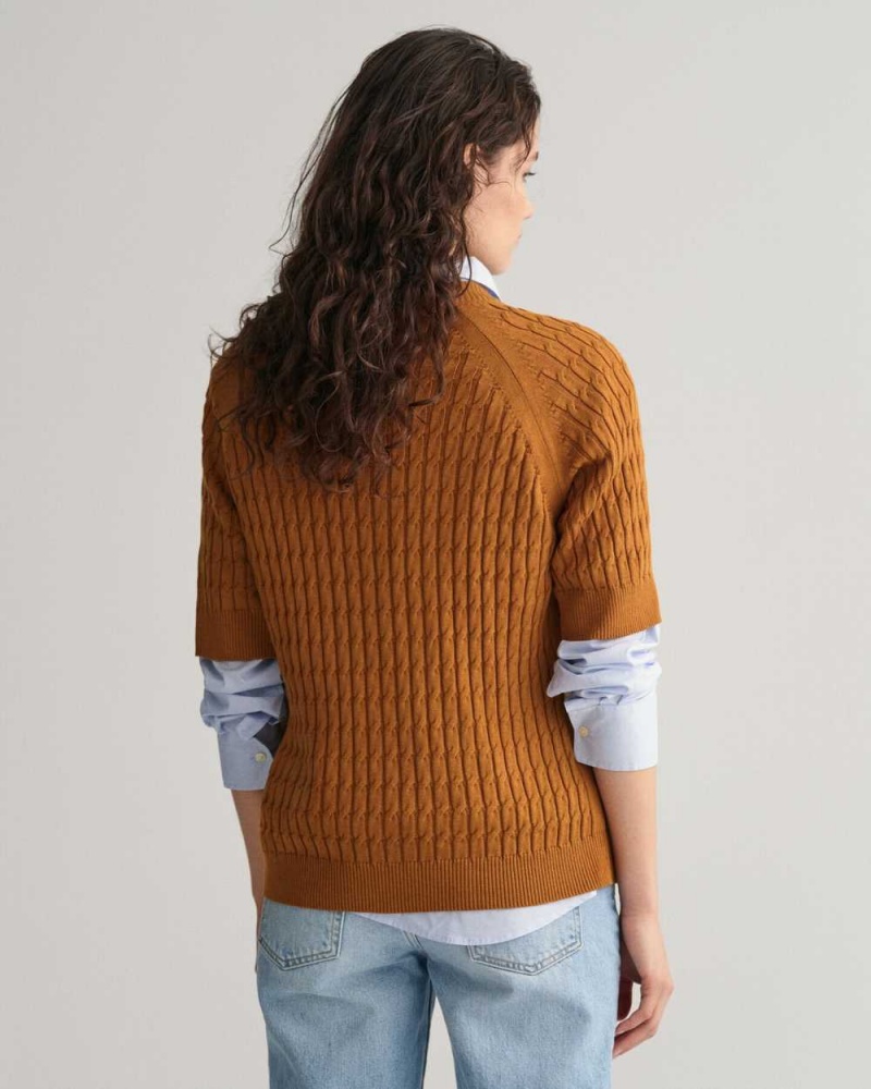 Gant Cable Knit Mid Sleeve Women's Sweater Cinnamon Brown | OTKHZ-8596