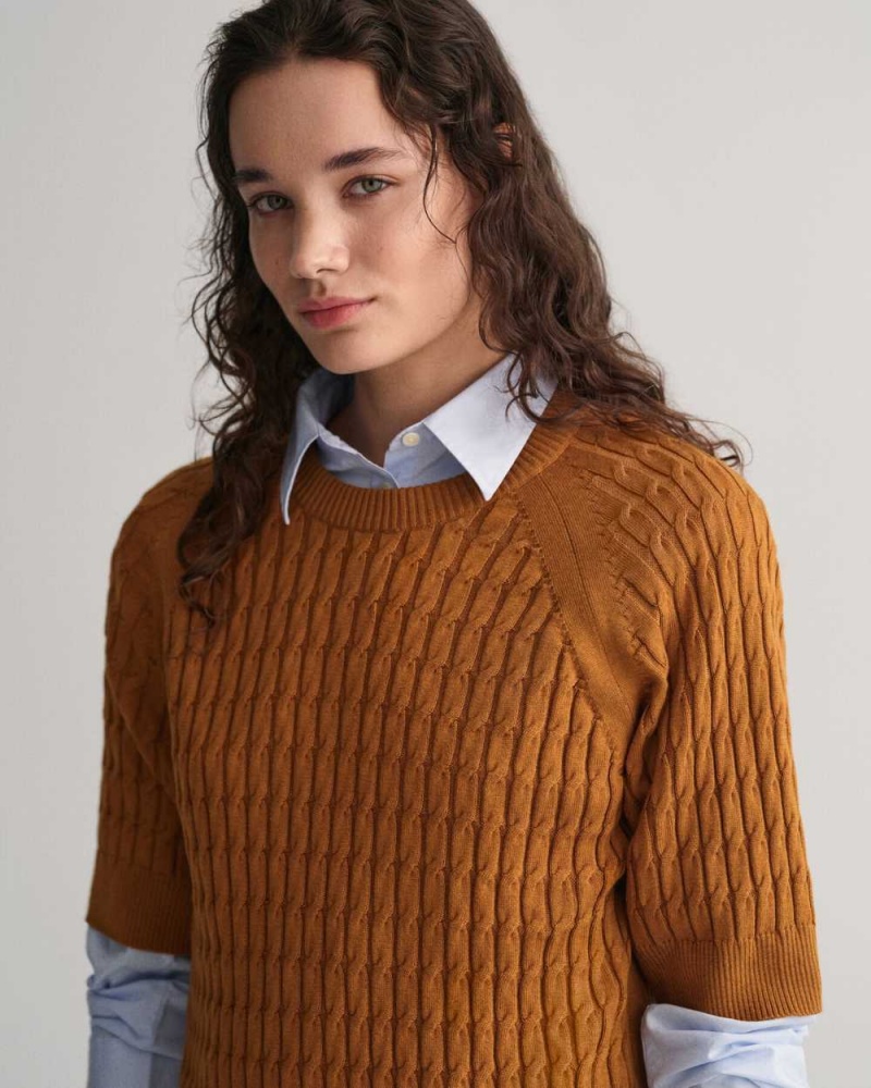 Gant Cable Knit Mid Sleeve Women's Sweater Cinnamon Brown | OTKHZ-8596