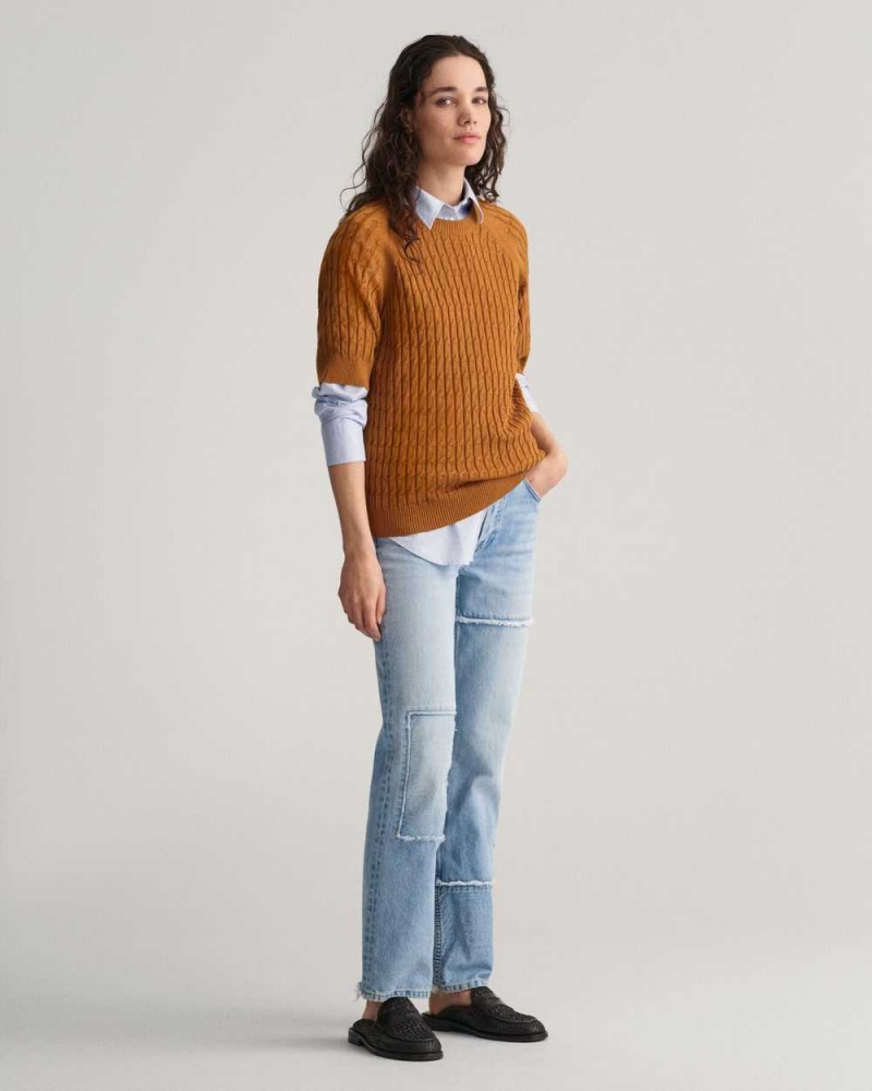 Gant Cable Knit Mid Sleeve Women's Sweater Cinnamon Brown | OTKHZ-8596