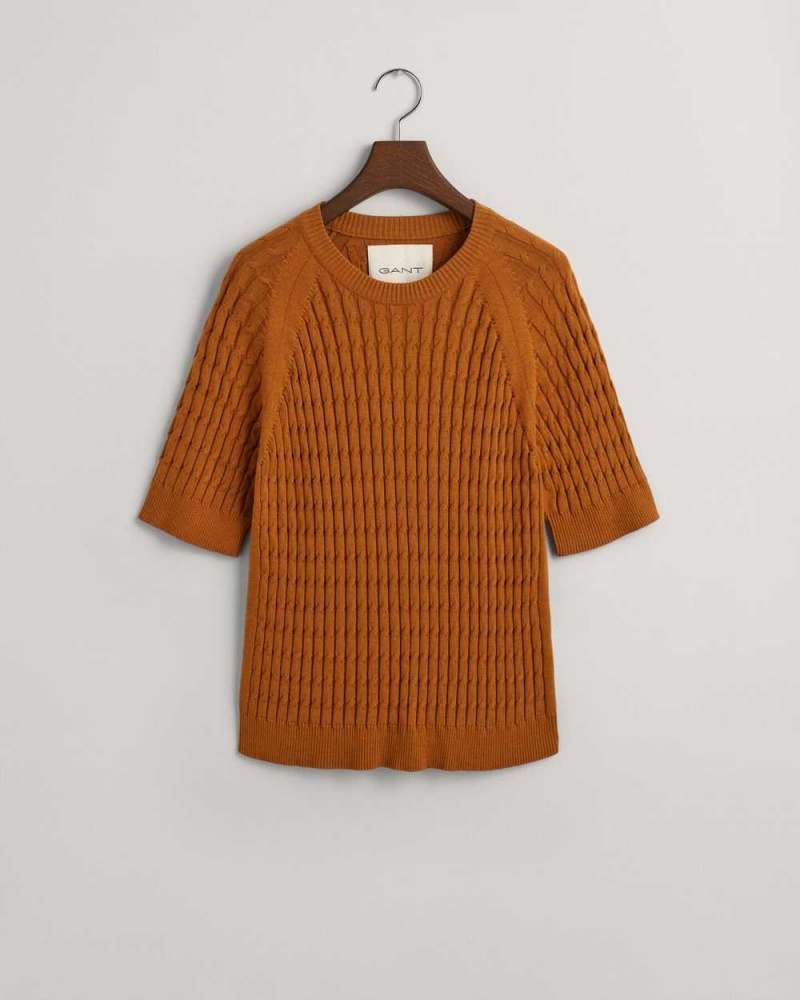 Gant Cable Knit Mid Sleeve Women's Sweater Cinnamon Brown | OTKHZ-8596