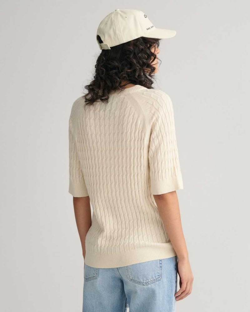 Gant Cable Knit Mid Sleeve Women's Sweater Cream | VCTGY-4793