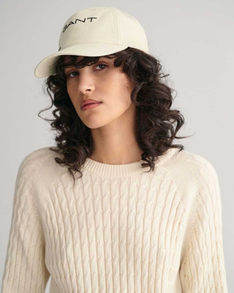 Gant Cable Knit Mid Sleeve Women's Sweater Cream | VCTGY-4793