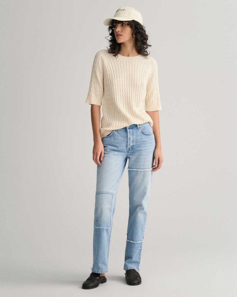 Gant Cable Knit Mid Sleeve Women's Sweater Cream | VCTGY-4793