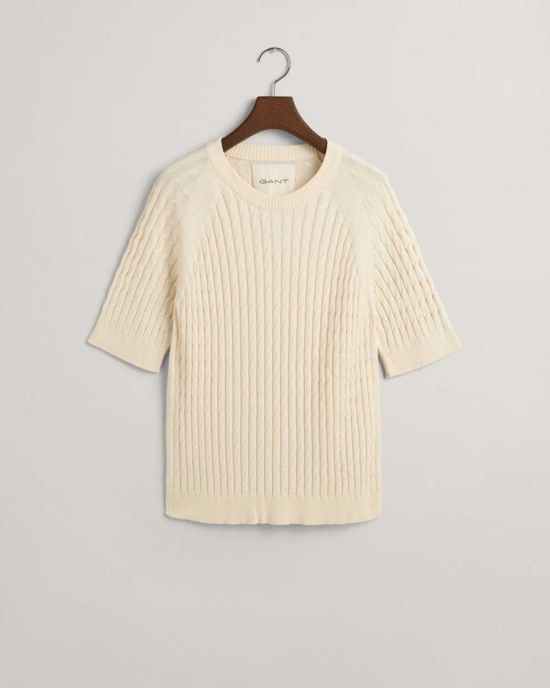 Gant Cable Knit Mid Sleeve Women's Sweater Cream | VCTGY-4793