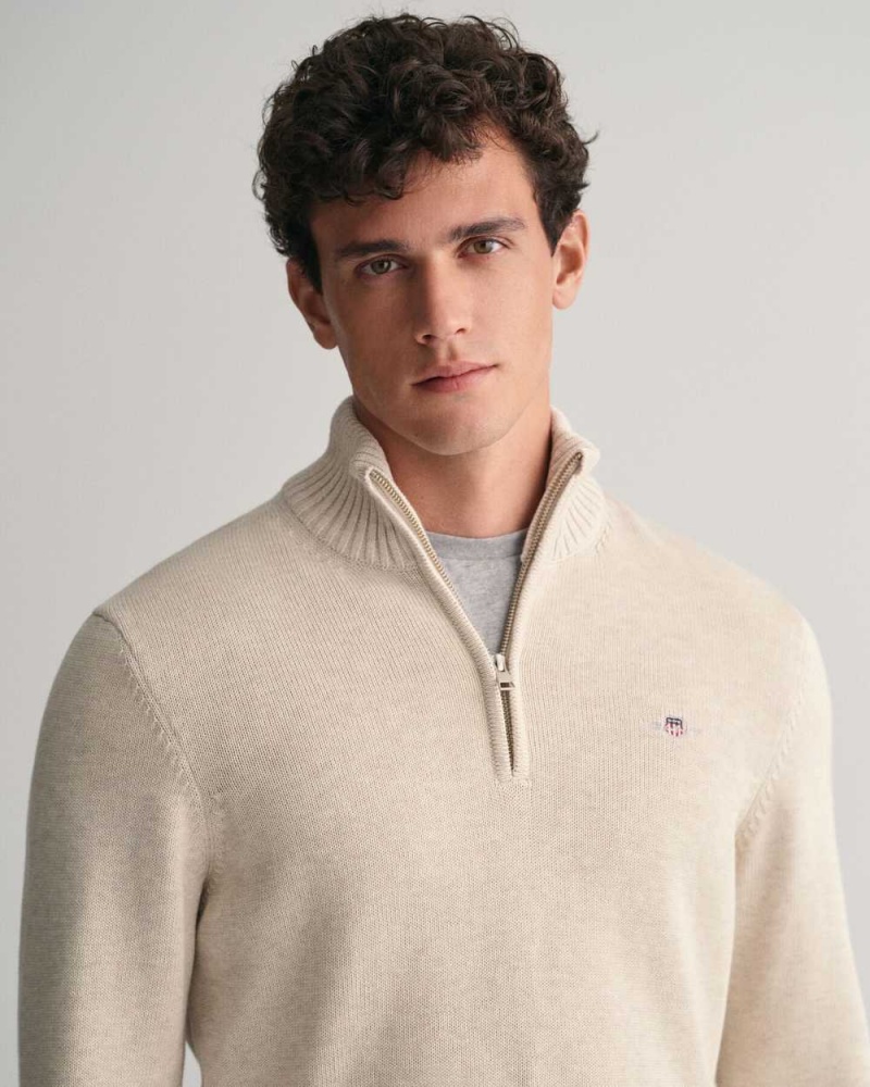 Gant Casual Cotton Half-Zip Men's Sweater Light Beige Melange | GJOTF-7892