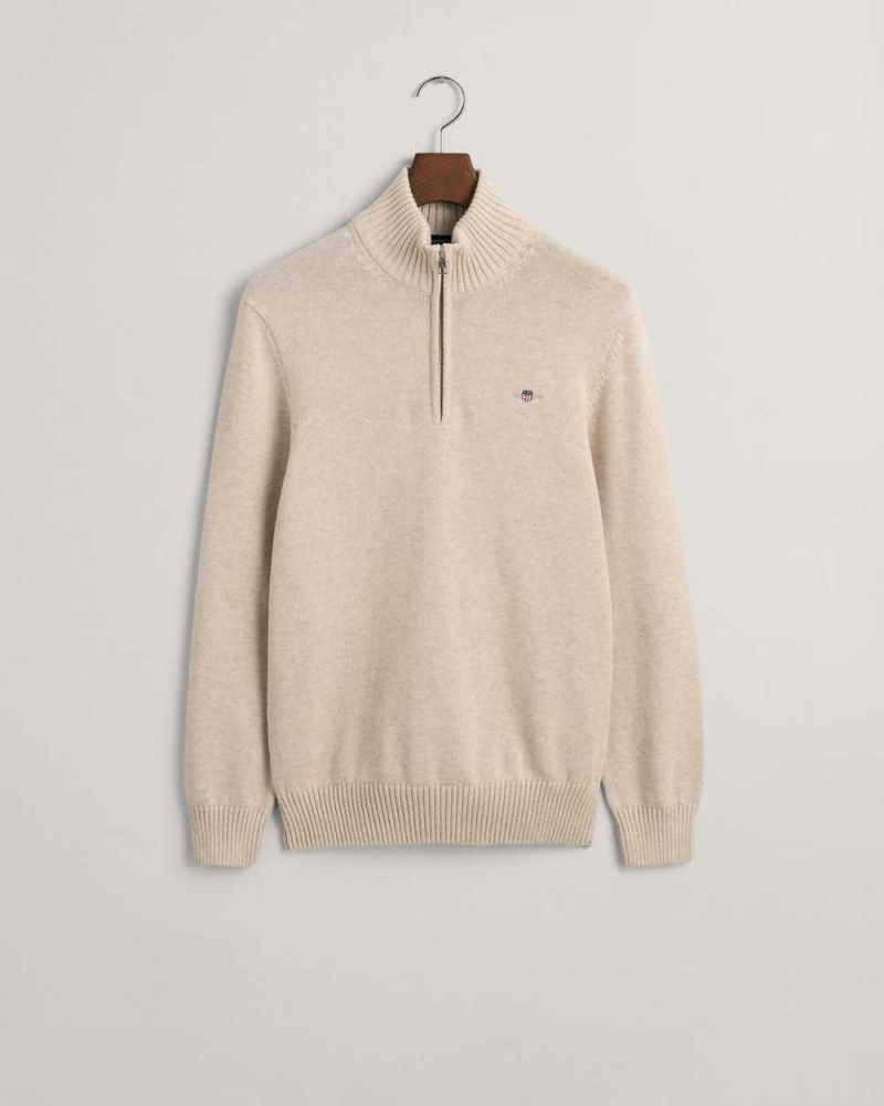 Gant Casual Cotton Half-Zip Men's Sweater Light Beige Melange | GJOTF-7892