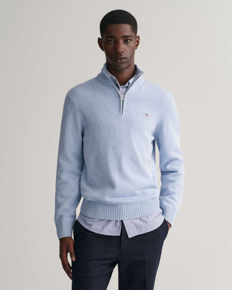 Gant Casual Cotton Half-Zip Men\'s Sweater Light Blue Melange | RHFNO-3895