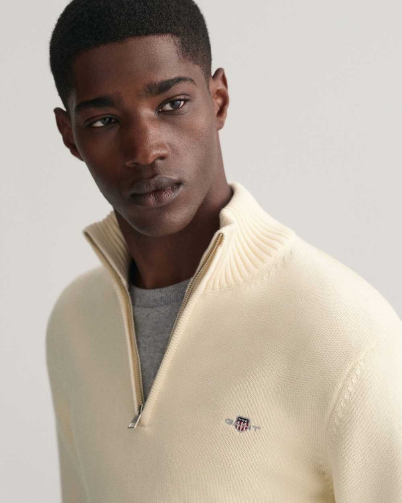 Gant Casual Cotton Half-Zip Men's Sweater Cream | KQRFV-8743