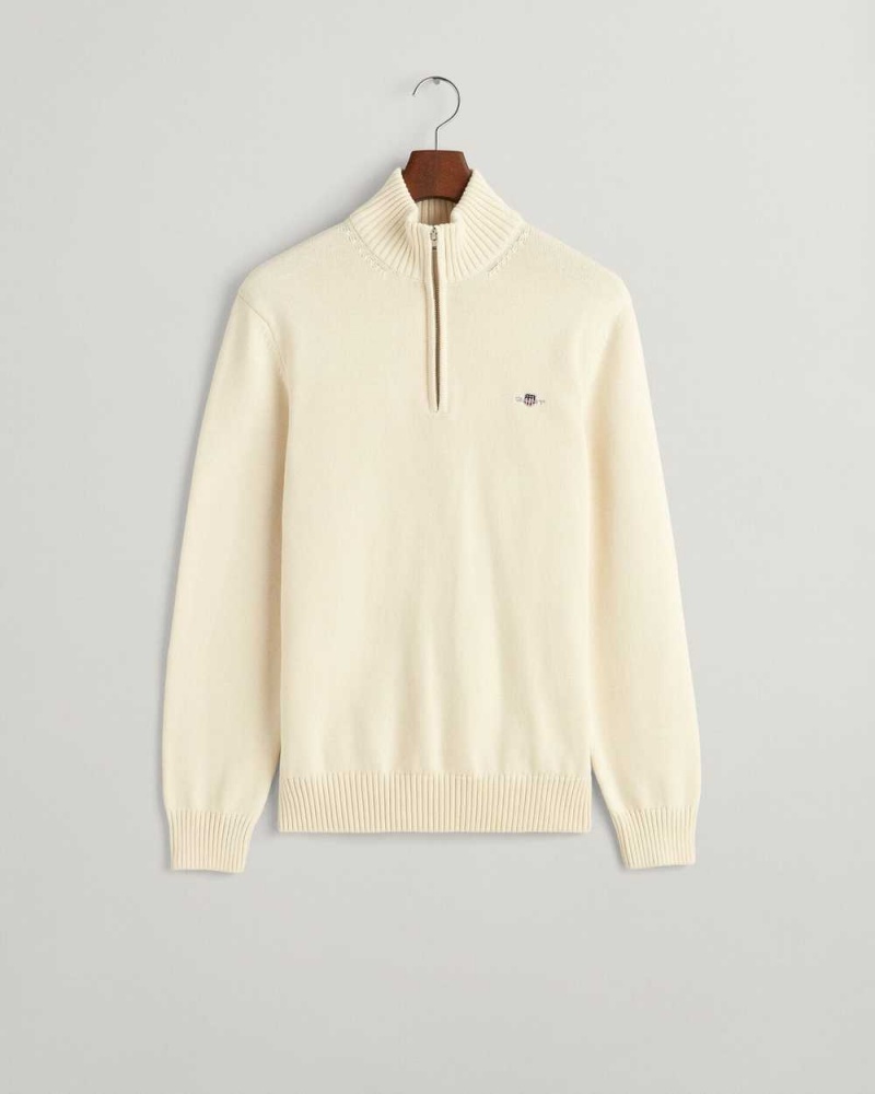 Gant Casual Cotton Half-Zip Men's Sweater Cream | KQRFV-8743