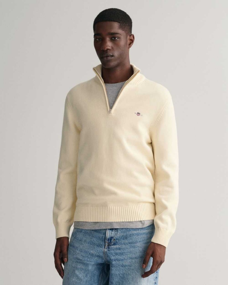 Gant Casual Cotton Half-Zip Men\'s Sweater Cream | KQRFV-8743