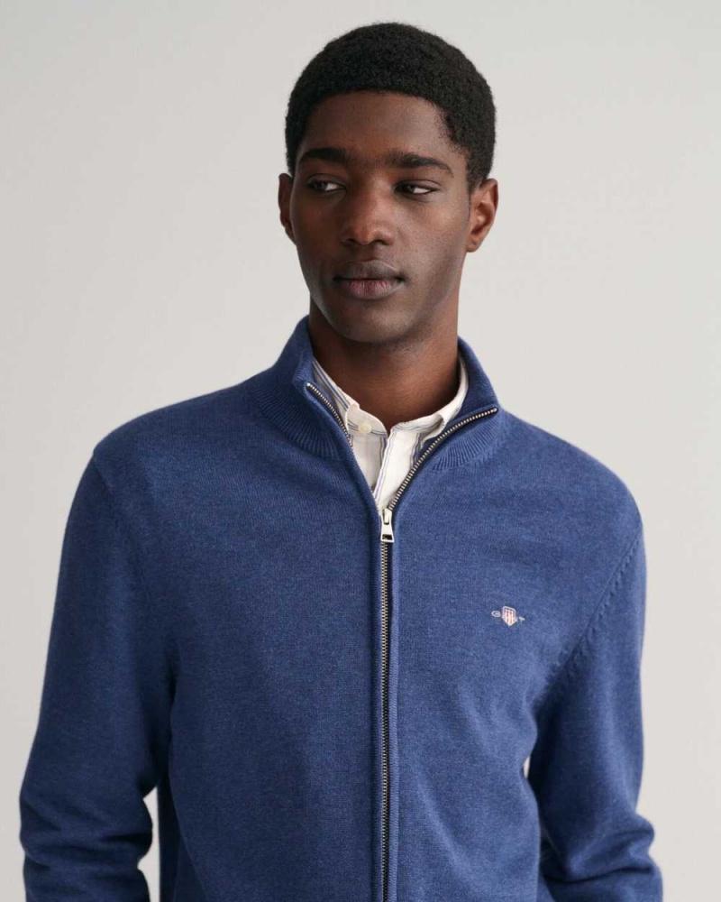 Gant Casual Cotton Zip Men's Cardigan Blue Melange | FWEKR-6321