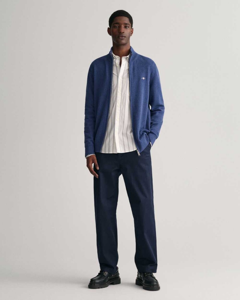 Gant Casual Cotton Zip Men's Cardigan Blue Melange | FWEKR-6321