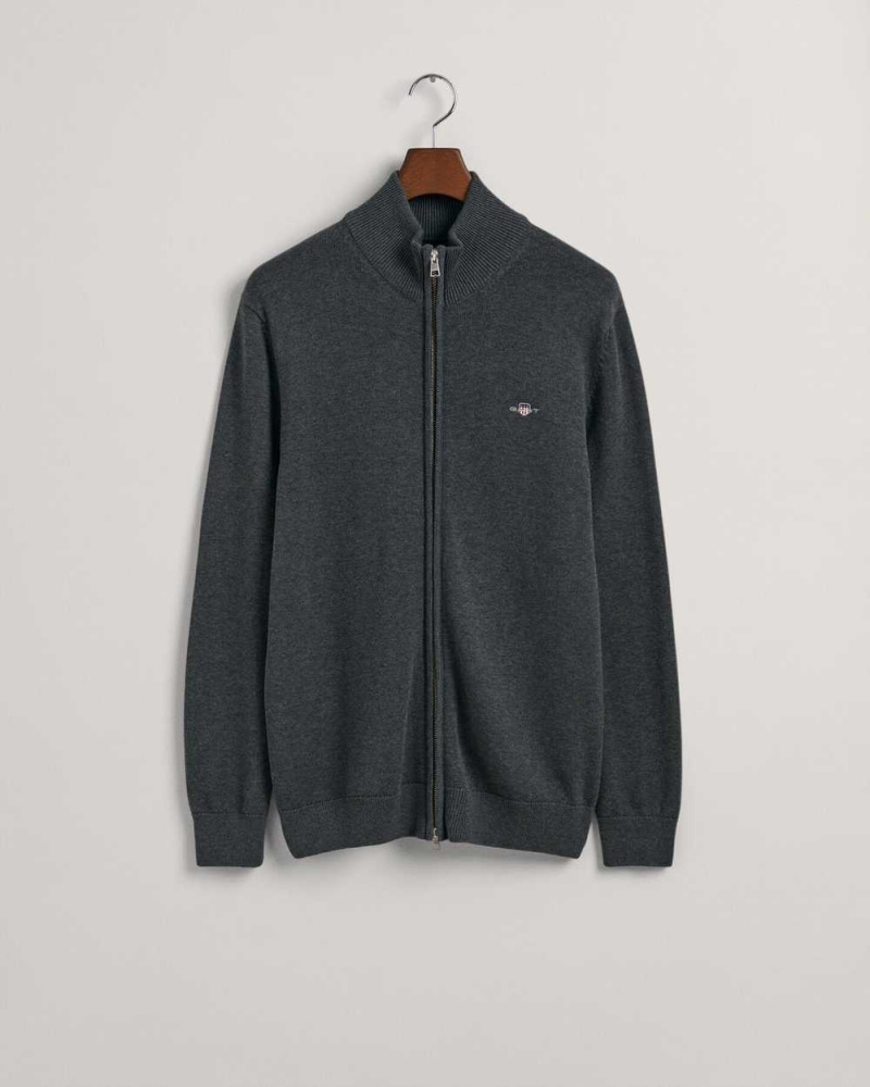 Gant Casual Cotton Zip Men's Cardigan Dark Grey | OJSZW-0673