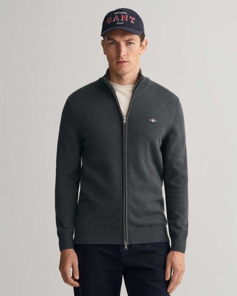 Gant Casual Cotton Zip Men\'s Cardigan Dark Grey | OJSZW-0673