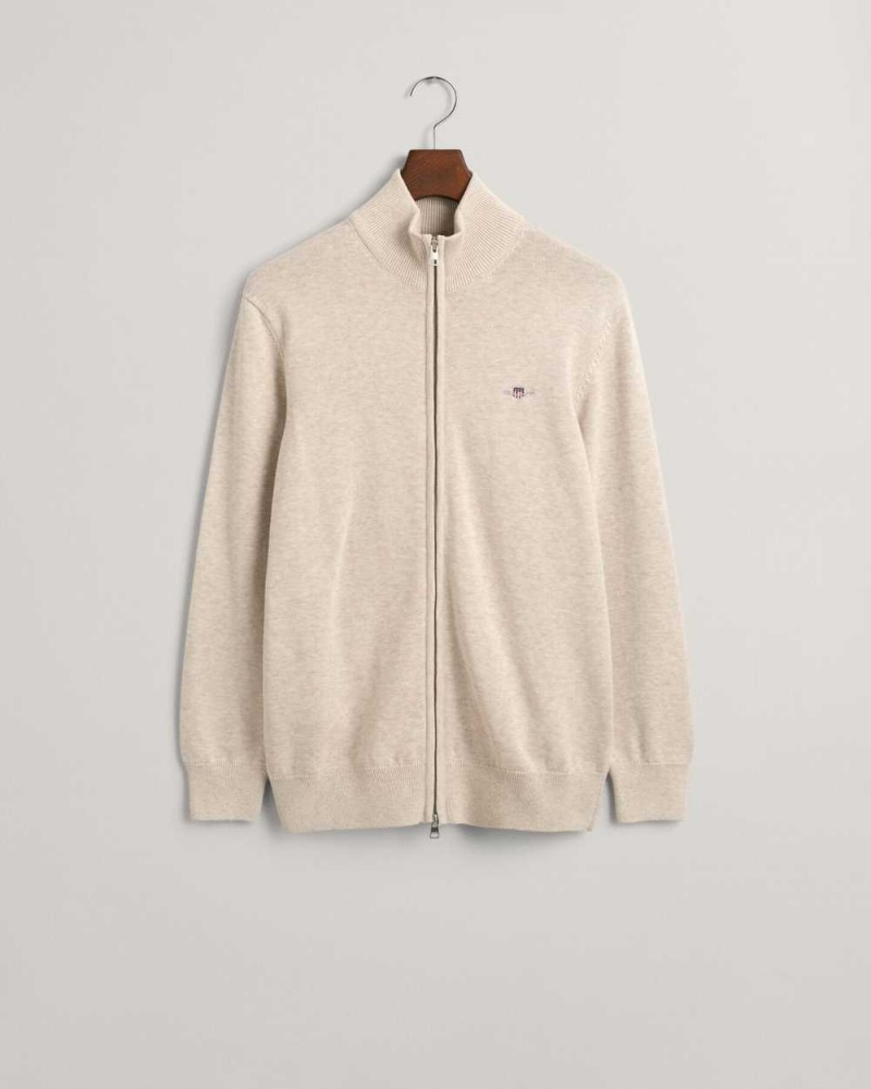 Gant Casual Cotton Zip Men's Cardigan Light Beige Melange | LKEBT-6938