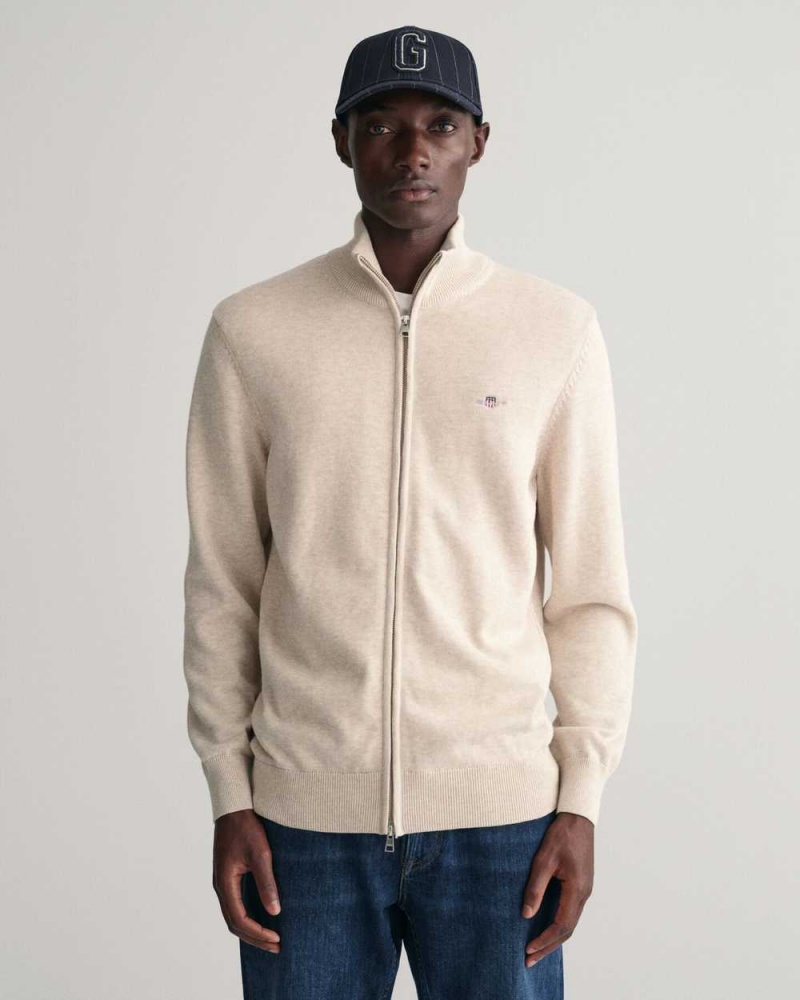 Gant Casual Cotton Zip Men\'s Cardigan Light Beige Melange | LKEBT-6938