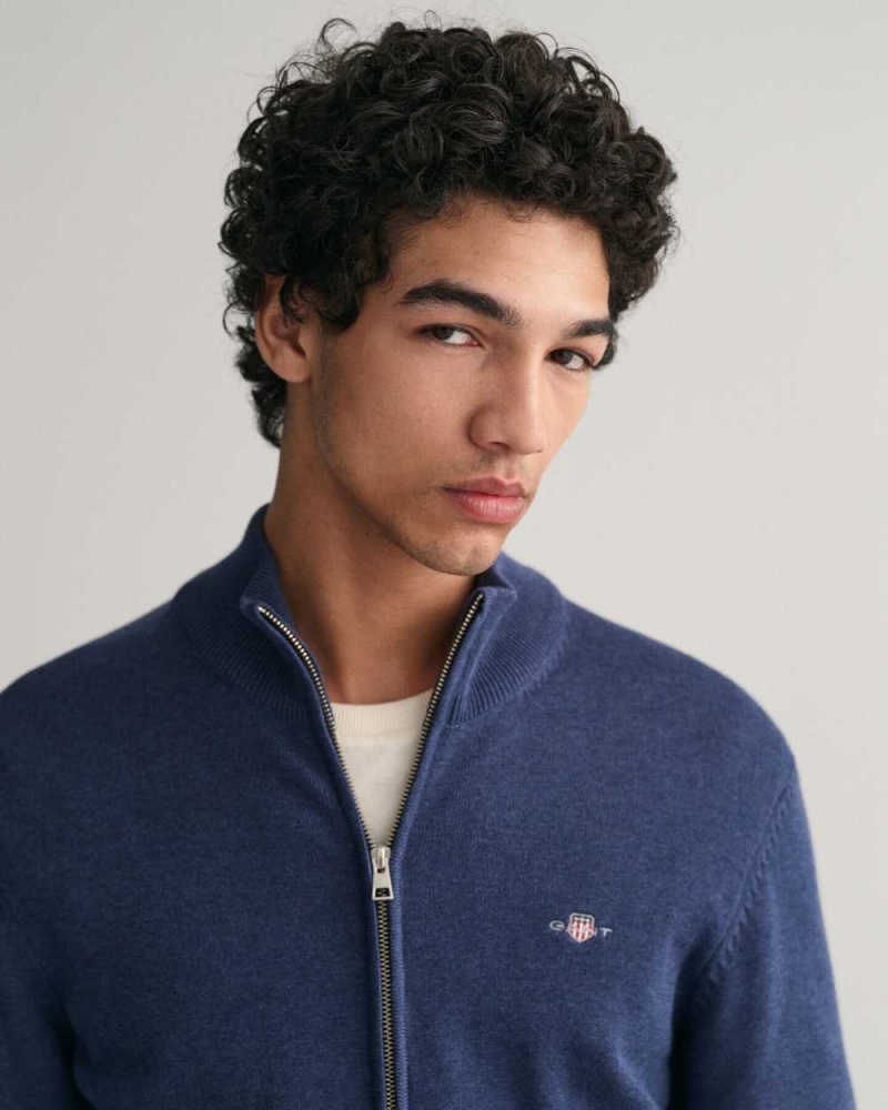 Gant Casual Cotton Zip Men's Cardigan Marine Melange | HXAUG-1847