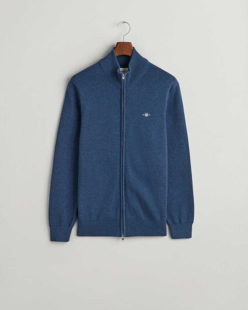 Gant Casual Cotton Zip Men's Cardigan Marine Melange | HXAUG-1847