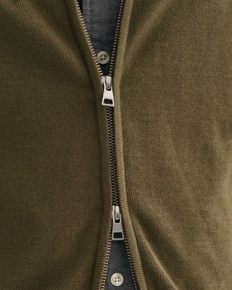 Gant Casual Cotton Zip Men's Cardigan Racing Green | OKVNW-9842