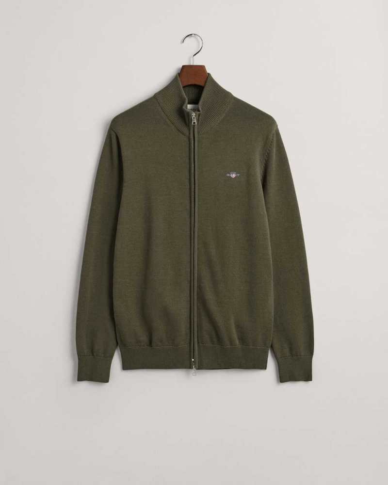 Gant Casual Cotton Zip Men's Cardigan Racing Green | OKVNW-9842