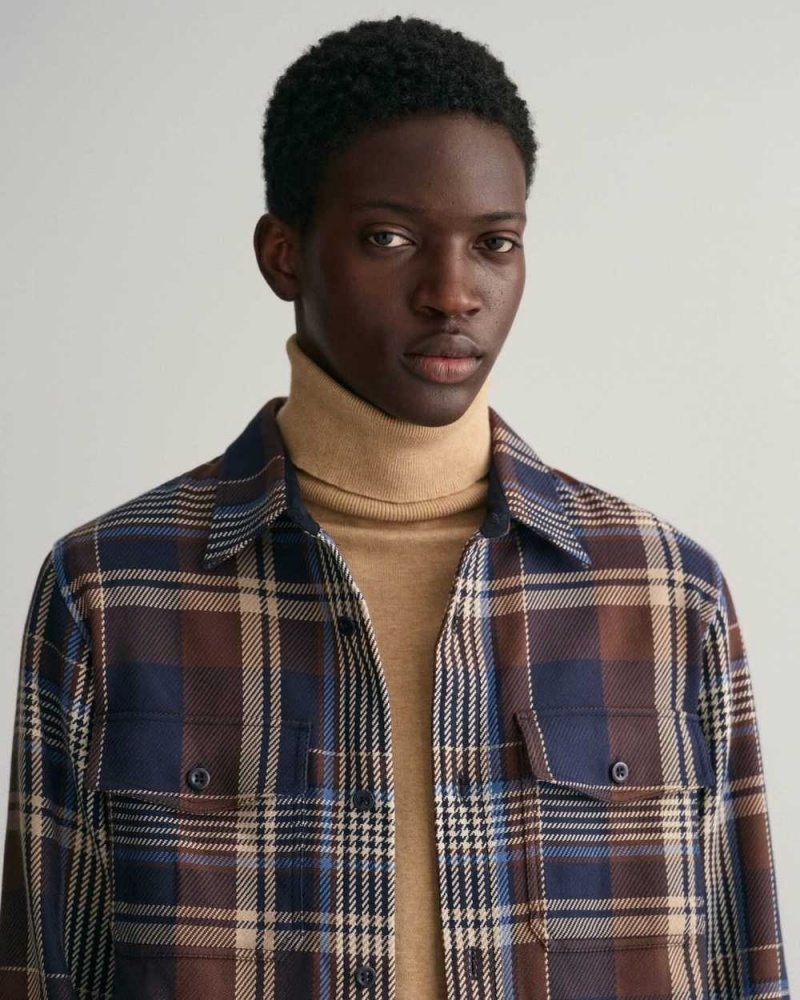 Gant Checked Heavy Twill Over Men's Shirts Marine | IYWRQ-4856