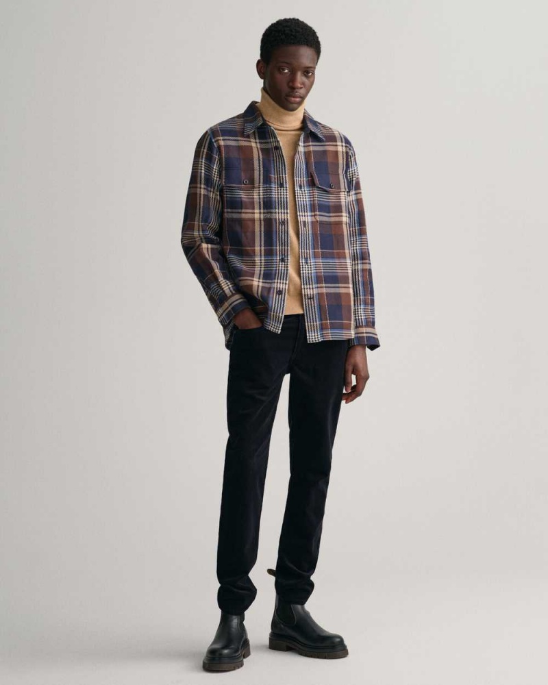 Gant Checked Heavy Twill Over Men's Shirts Marine | IYWRQ-4856