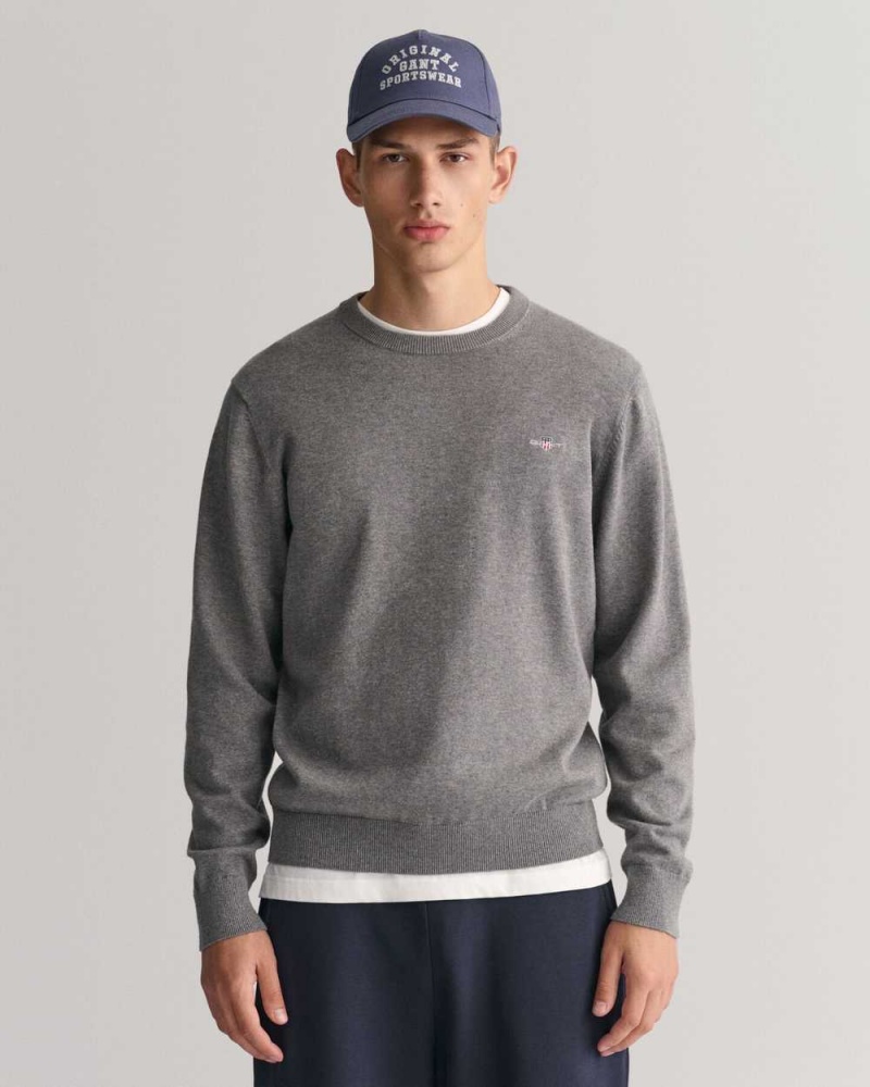 Gant Classic Cotton Crew Neck Men\'s Sweater Dark Grey Melange | QHRBN-9657