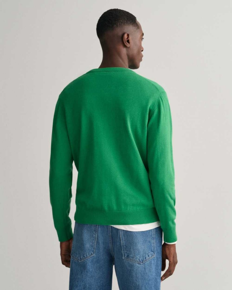 Gant Classic Cotton Crew Neck Men's Sweater Mid Green Melange | VMRFX-3971