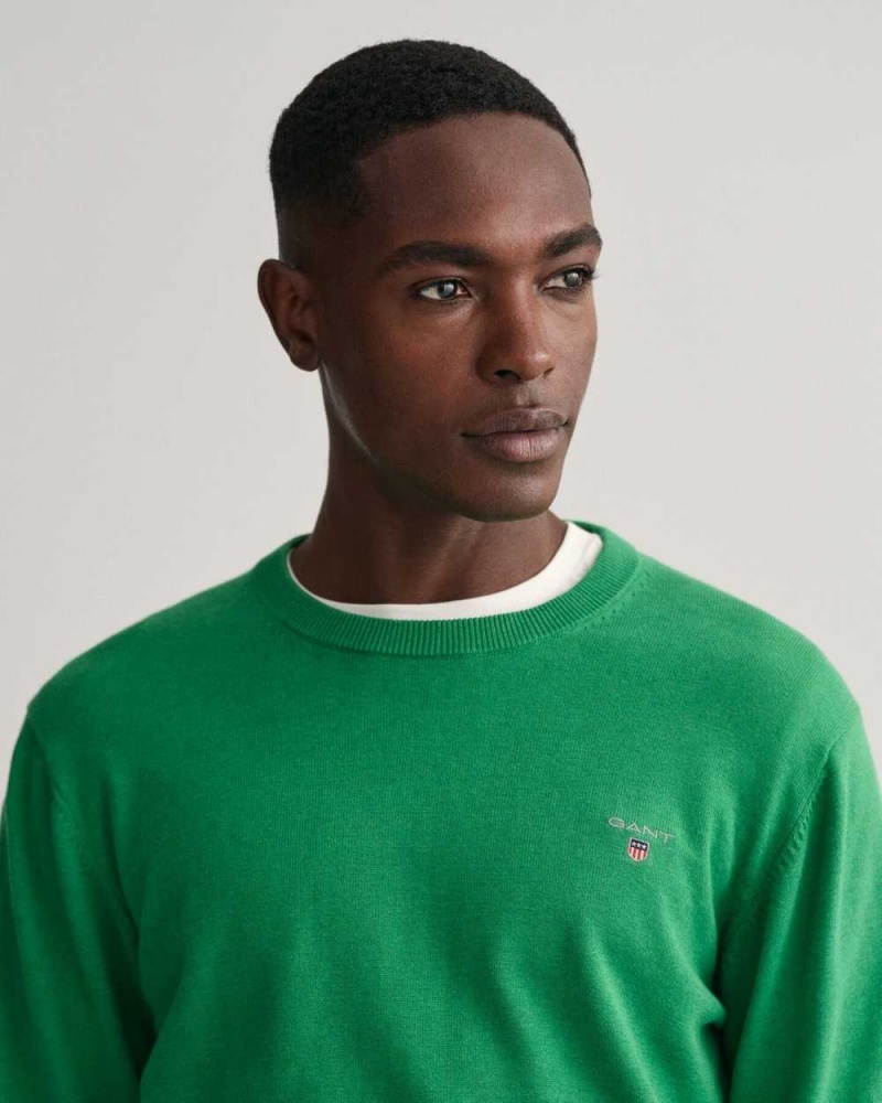 Gant Classic Cotton Crew Neck Men's Sweater Mid Green Melange | VMRFX-3971